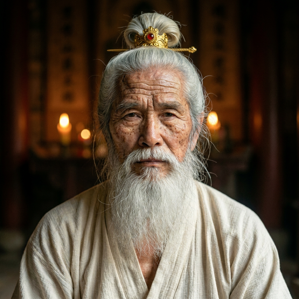 Shifu Bai portrait, chest-up, direct gaze, soft candle light, white linen robe