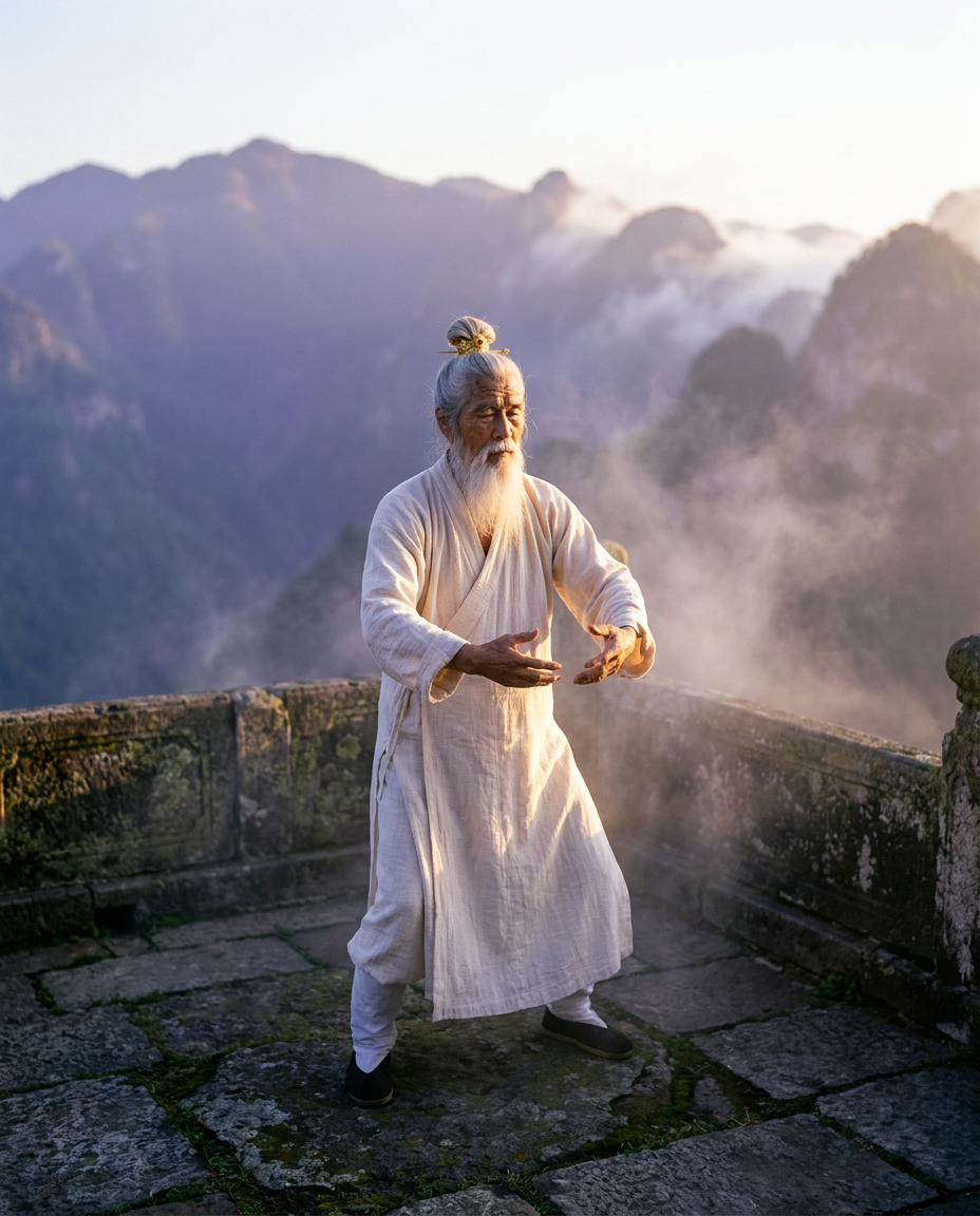 Shifu Bai standing in zhan zhuang Qigong posture (Embracing the Tree) on an ancient Wudang stone temple terrace at dawn, layered misty mountain peaks behind, soft warm sunrise light catching the highest peaks, white linen Temple register robe, both arms circled at chest level cultivating the Three Treasures