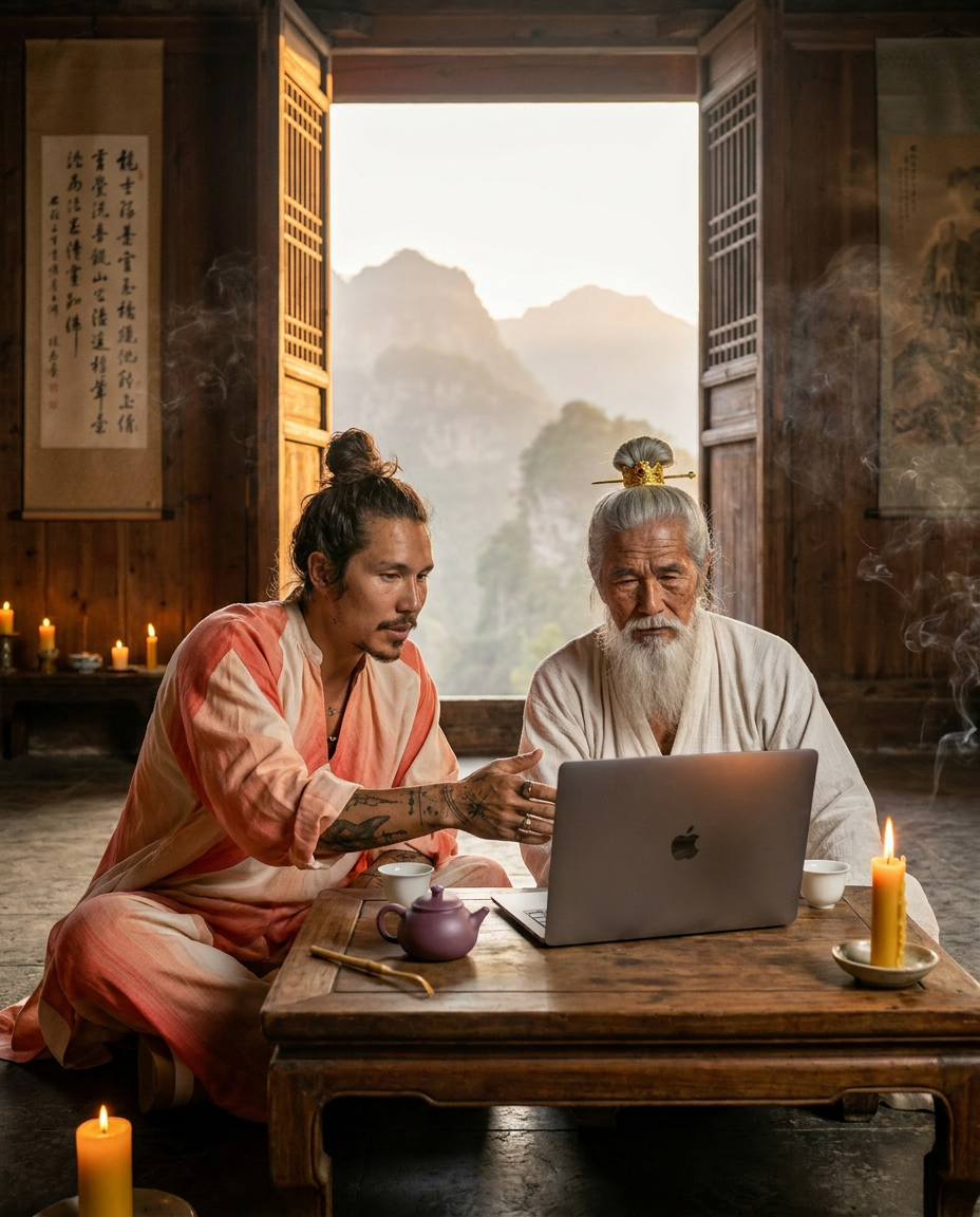 Nick Onken and Shifu Bai seated at a low wooden table with a laptop and candles in the Wudang temple, calligraphy scroll on the wall, mountains visible through the open doorway at sunset