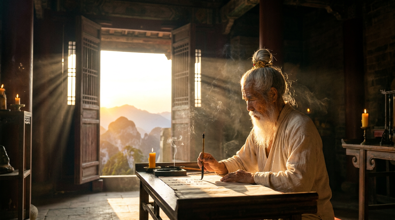 Shifu Bai writing letters at a low wooden table inside the Wudang temple at sunset, dramatic volumetric god-rays streaming through the open doorway, candles burning around the chamber, layered misty mountain peaks visible through the doorway