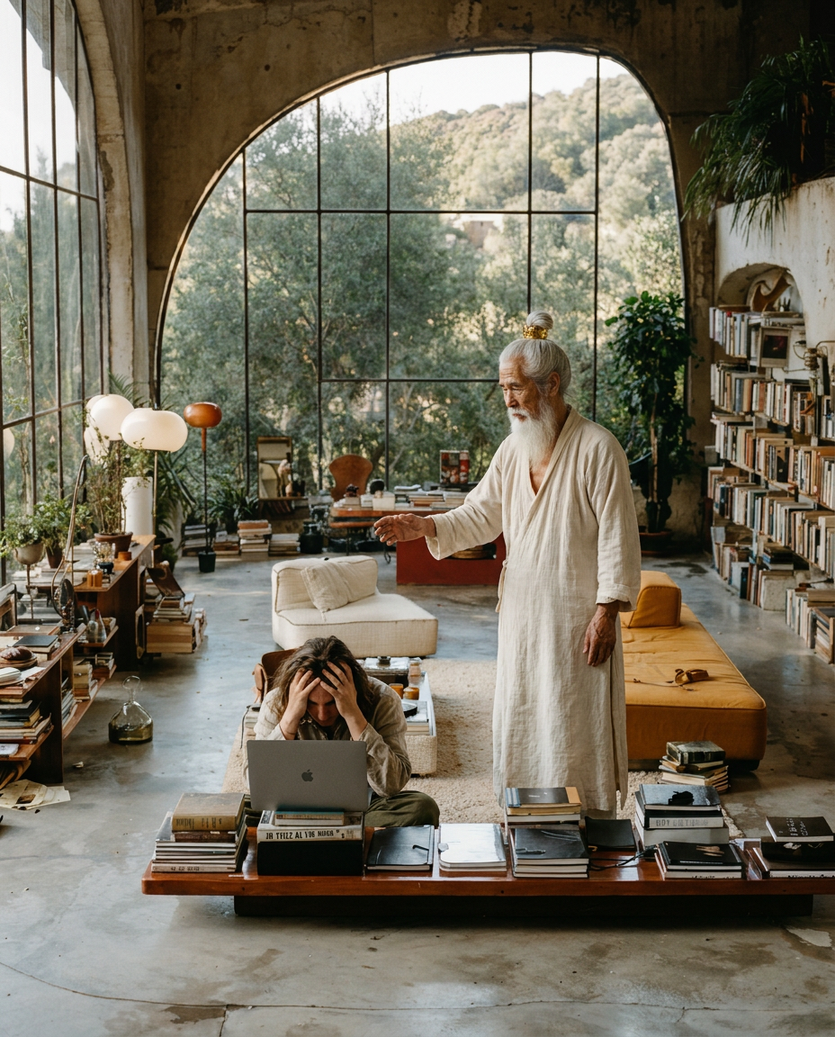 A young creative person at a laptop with their head in their hands inside a stunning modernist studio with a massive arched window-wall opening onto a Mediterranean forested mountain landscape, Shifu Bai standing in white linen robes gesturing toward the window