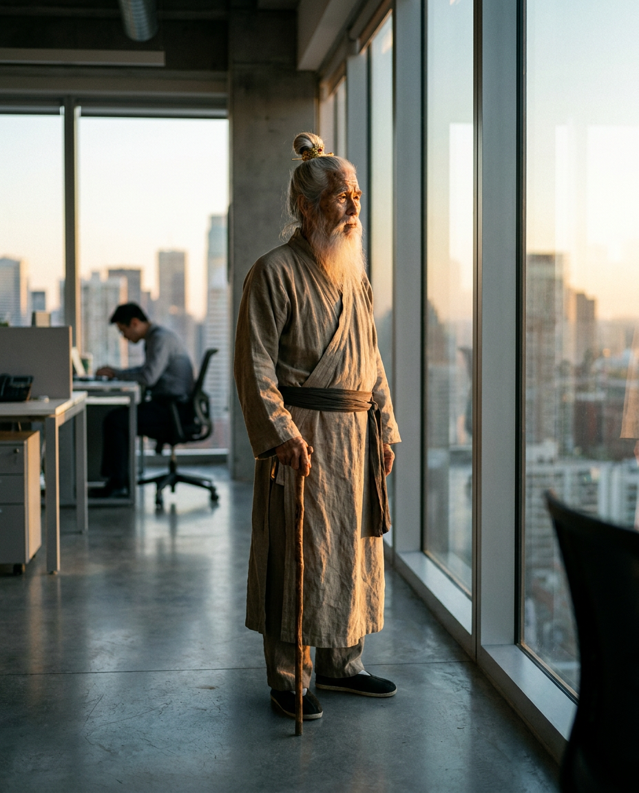 Shifu Bai standing at a high-rise office window in earth-tone Travel-register robes looking out at the city skyline at golden hour, anonymous worker typing furiously at a desk in soft bokeh background